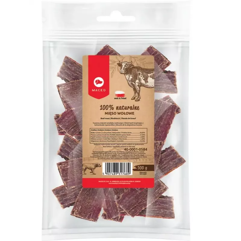 Nassfutter für Hunde MACED Beef 100% Nature, 500 g — ausgewachsene Hunde, Protein 56,9%, Fett 21,5%, Feuchtigkeit 10,1%