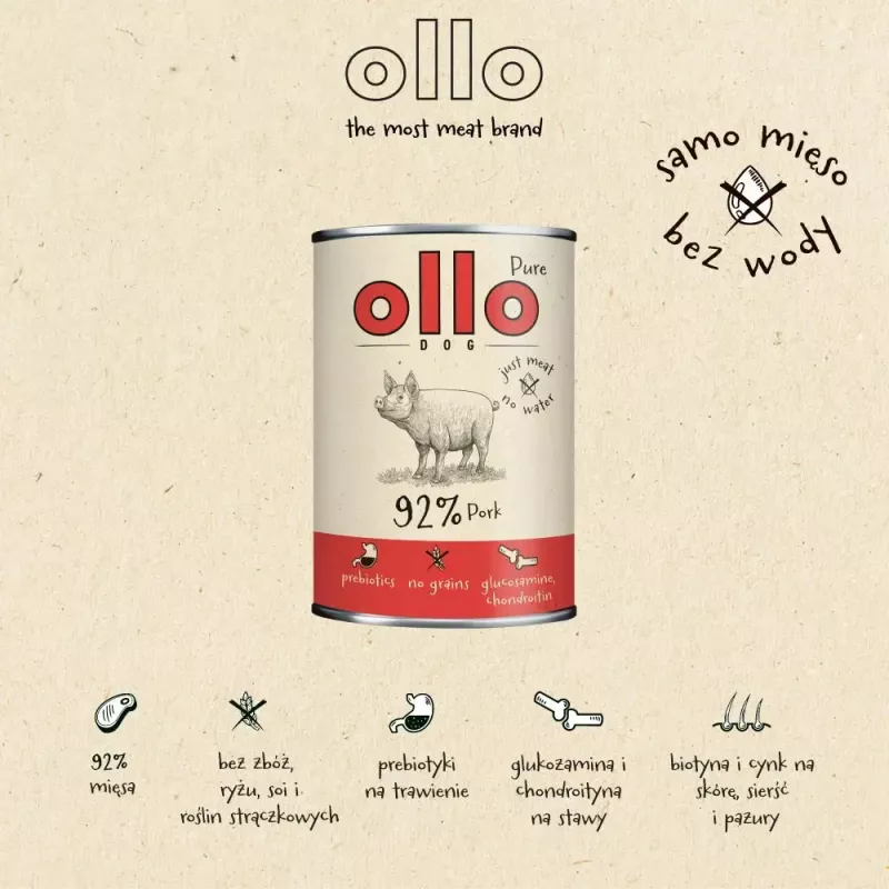 Nassfutter für Hunde OLLO Pure Pork 850 g — Alleinfuttermittel, Monoprotein, 17 % Protein, 11,5 % Fett, 63 % Feuchtigkeit