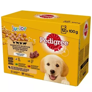 Nassfutter für Hunde Pedigree Junior Selection Mix 12×100g — Welpennassfutter, 12 Beutel (100 g), Feuchtigkeit 80,5 %, Protein 8,5 %, Fett 6 %