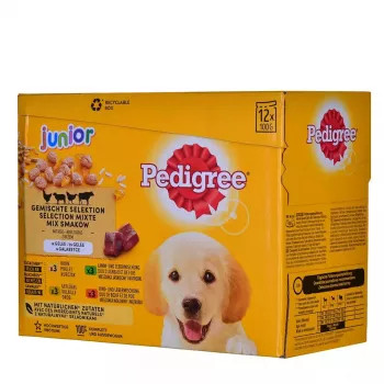 Nassfutter für Hunde Pedigree Junior Selection Mix 12×100g — Welpennassfutter, 12 Beutel (100 g), Feuchtigkeit 80,5 %, Protein 8,5 %, Fett 6 %