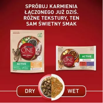 Nassfutter für Hunde Purina Nestlé One Mini/Small Active Beef 85 g — Nassfutter für ausgewachsene kleine Rassen, 76,4 % Feuchtigkeit, 12,5 % Protein