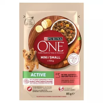 Nassfutter für Hunde Purina Nestlé One Mini/Small Active Beef 85 g — Nassfutter für ausgewachsene kleine Rassen, 76,4 % Feuchtigkeit, 12,5 % Protein