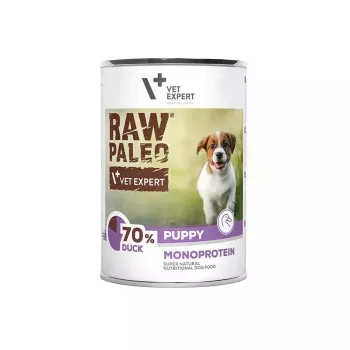 Nassfutter für Hunde VETEXPERT RAW PALEO Puppy Monoprotein Ente 400 g, Feuchtigkeit 74,8 %, Protein 9,6 %, Fett 10,6 %