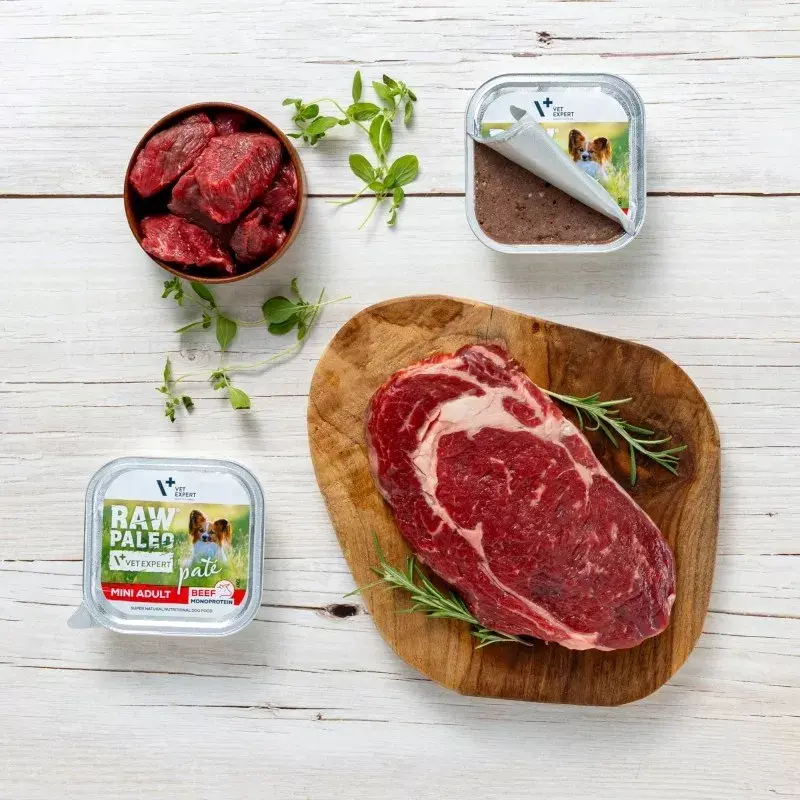 Nassfutter für Hunde VETEXPERT RAW PALEO Pate Mini Adult Beef 150 g — vollständige Nassfutter-Diät für ausgewachsene Hunde kleiner Rassen, 80 % Feuchtigkeit, 10 % Protein