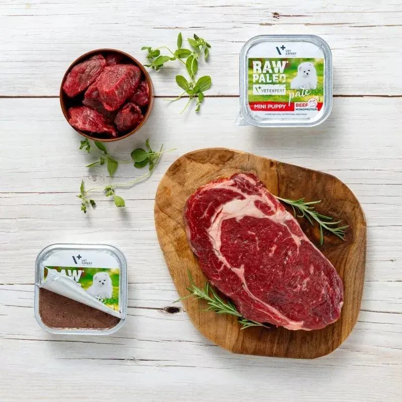 Nassfutter für Welpen VETEXPERT RAW PALEO Pâté Mini Beef — Monoprotein-Rind 150 g Dose für Welpen kleiner Rassen