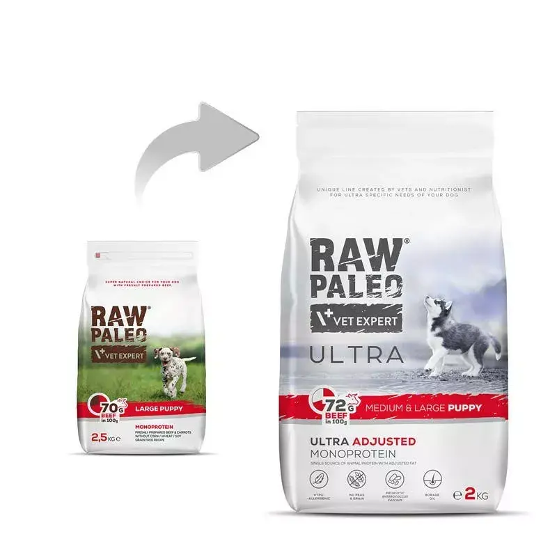 Trockenfutter für Welpen VETEXPERT RAW PALEO Ultra Medium & Large Beef 2 kg – Rind, Protein 30,5 %, Fett 16,5 %