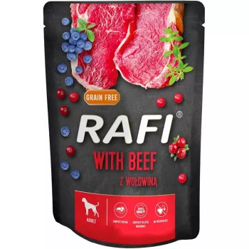 Hundefutter nass Dolina Noteci Rafi mit Rind, Alleinfutter in Dose für ausgewachsene Hunde, 300 g, Feuchtigkeit 78%, Protein 9%, Fett 7%