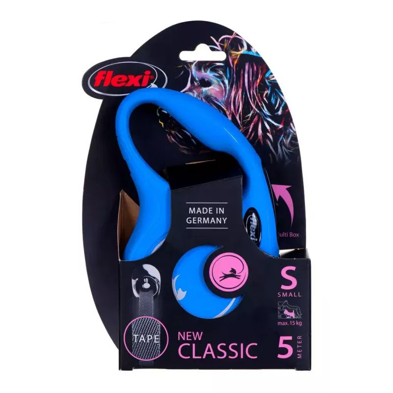 Rollleine Flexi New Classic S, Schnurleine, 5 m Länge, für kleine Hunde 5–10 kg, max. Belastung 15 kg, blau