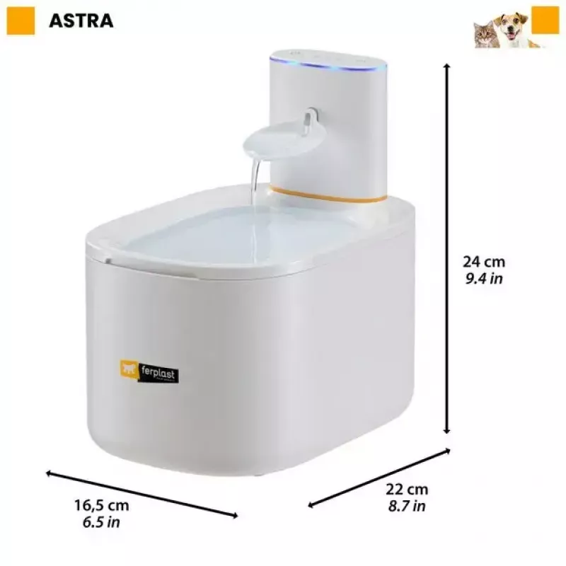 Haustierbrunnen FERPLAST ASTRA 3L mit Bewegungssensor — 3 l Technopolymer, Batterie-/DC-Betrieb, 3-stufige Filtration