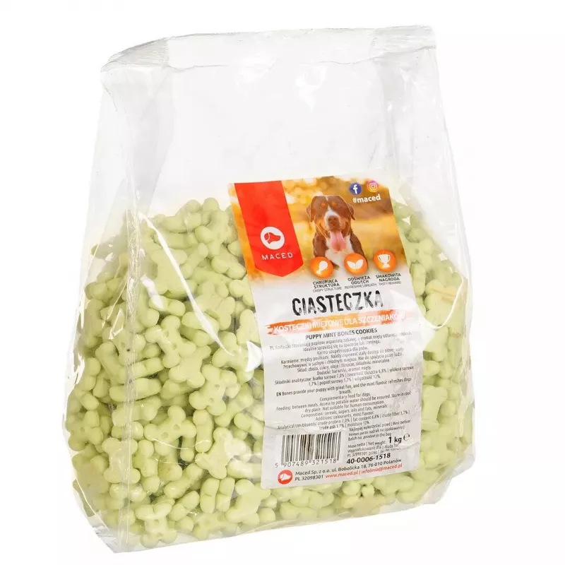 Hundetrainingsleckerlis MACED Puppy Mint Bones Kekse 1 kg — minzschmeckender Keks für Welpen, 1 kg Kunststoffverpackung