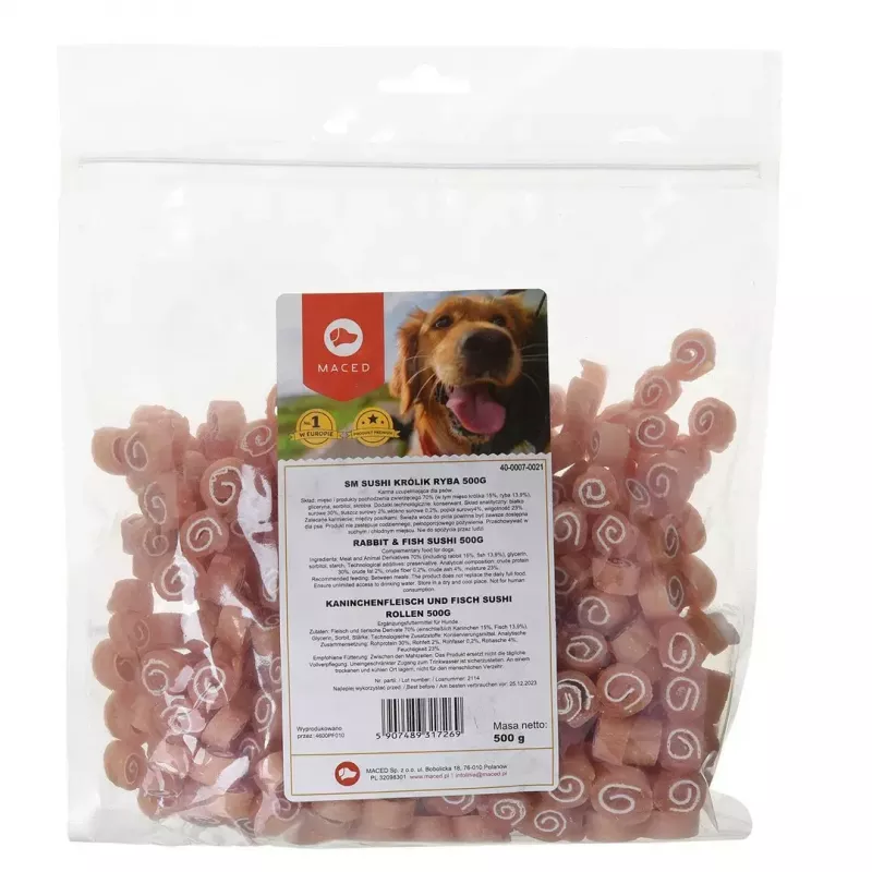 Weiche Hundeleckerlis MACED Sushi mit Kaninchen und Fisch 500 g – funktionale Trainingssnacks, Protein 30%, Fett 2%, Feuchtigkeit 23%