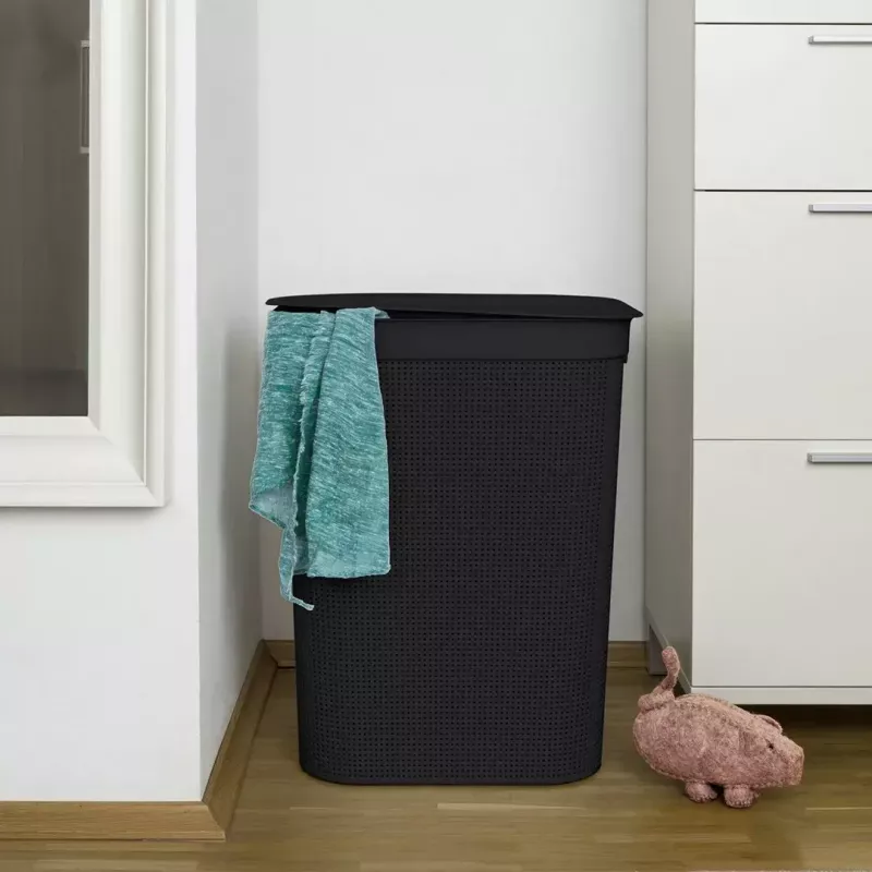 Wäschekorb rotho Brisen 50 l belüfteter Kunststoff-Wäschesammler mit Deckel und Aufhängeloch, schwarz, 340×431×529 mm