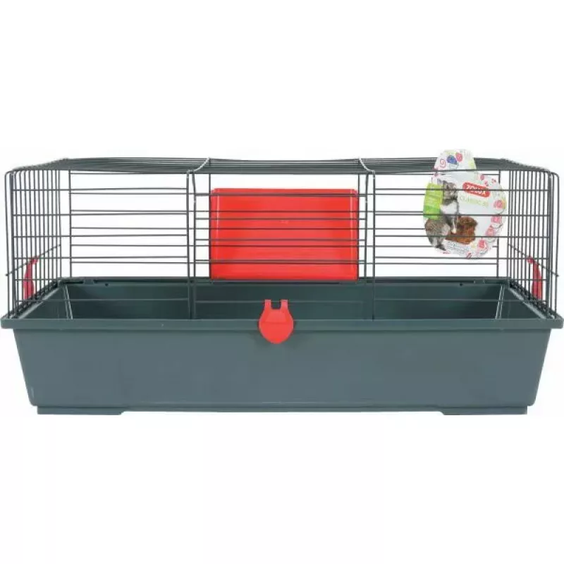 Nagerkäfig ZOLUX Classic 80 — zweistöckiges Metall/Kunststoffgehege, 800×430×330 mm, 31 mm Gitterabstand, grau/rot