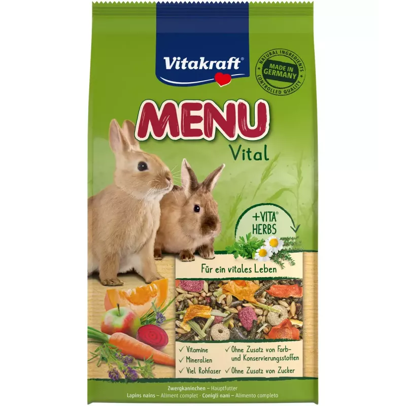 Trockenfutter für Zwergkaninchen Vitakraft 25542 — 3 kg, Getreidegeschmack, konservierungsmittelfrei, fester Beutel, 14 % Rohfaser