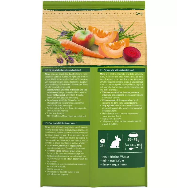 Trockenfutter für Zwergkaninchen Vitakraft 25542 — 3 kg, Getreidegeschmack, konservierungsmittelfrei, fester Beutel, 14 % Rohfaser