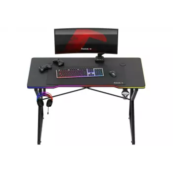 Gaming-Tisch Huzaro Hero 1.7 RGB Schwarz — gerader ergonomischer Schreibtisch 1200x600 mm, 750 mm Höhe, LED, Becherhalter, Kopfhörerhaken
