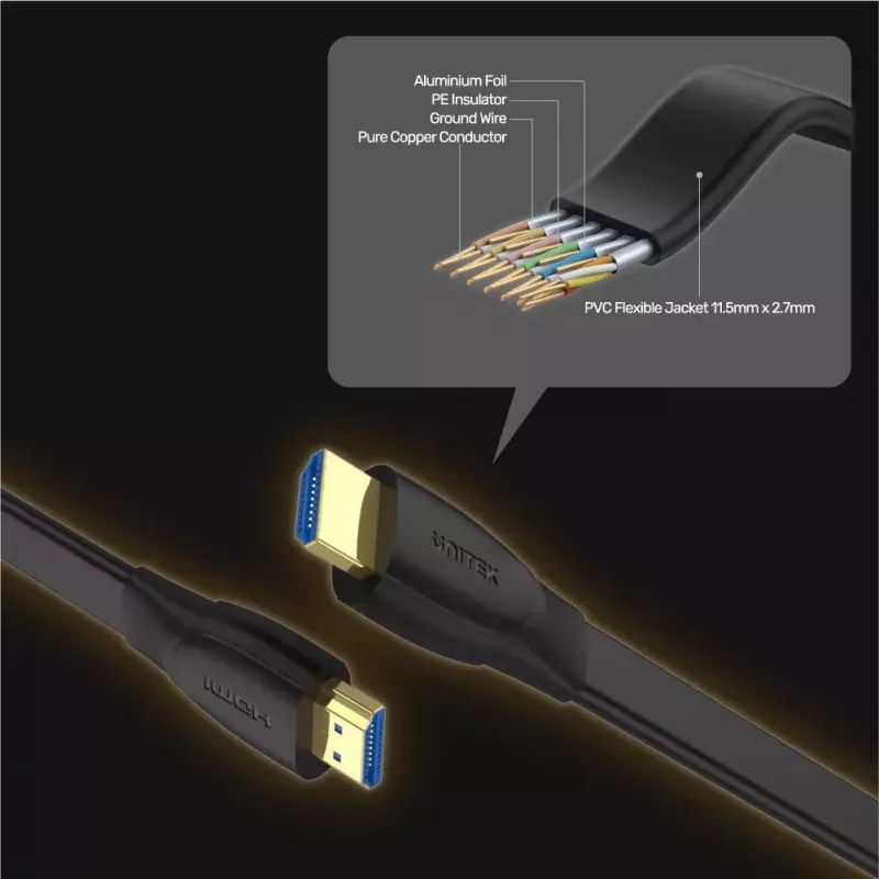 HDMI-Kabel Unitek C11063BK-2M 2 m, HDMI 2.0, 18 Gbit/s, 4K@60Hz, ARC, flach schwarz