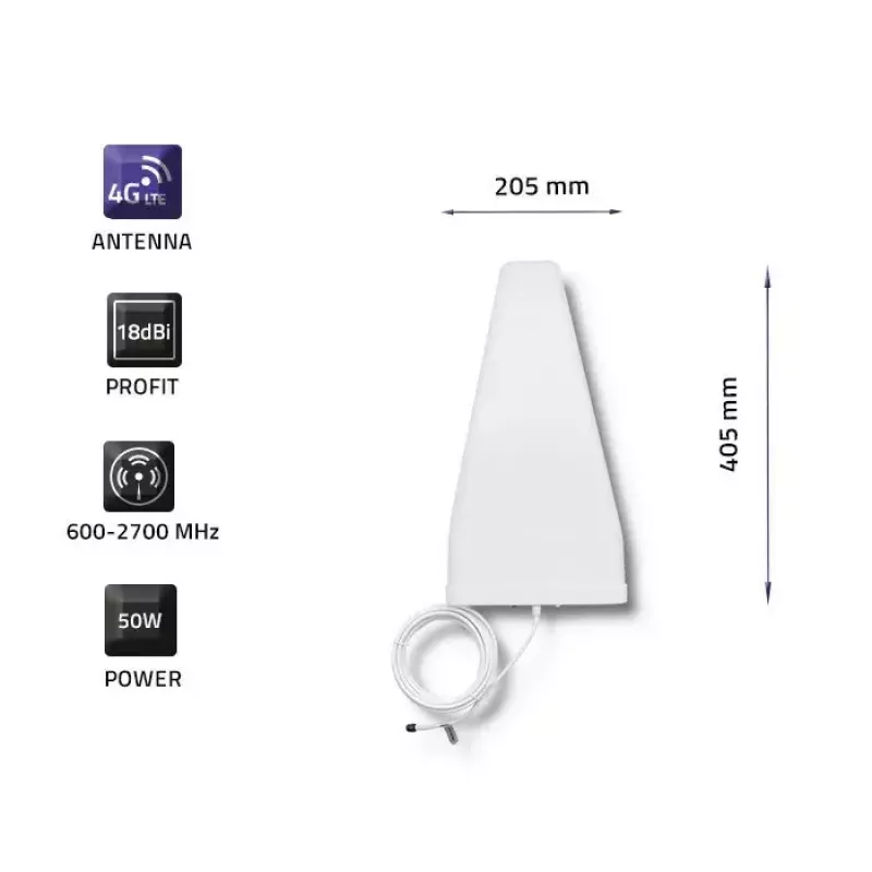 Outdoor 4G LTE Antenne QOLTEC 57021 — 18 dBi Gewinn, 600–2700 MHz, 50 Ω, 50 W, weißes Kunststoffgehäuse