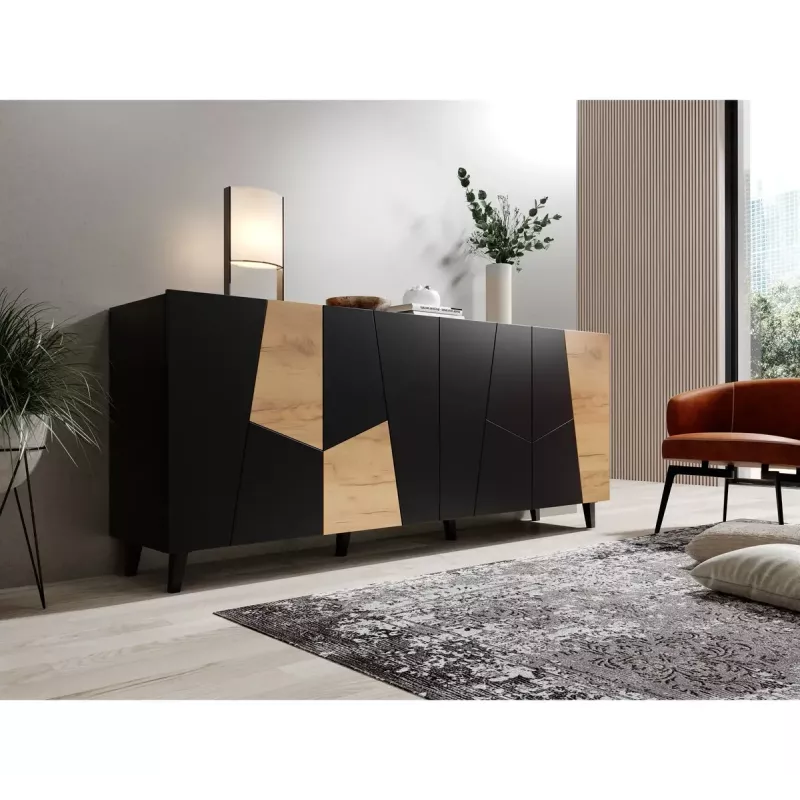 Kommode cama meble ETNA 200x42x82 cm, schwarz matt mit Eiche rustikal, Spanplatte
