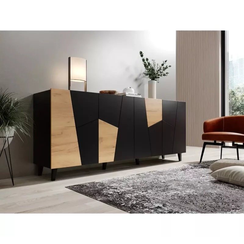 Kommode cama meble ETNA 200x42x82 cm, schwarz matt mit Eiche rustikal, Spanplatte