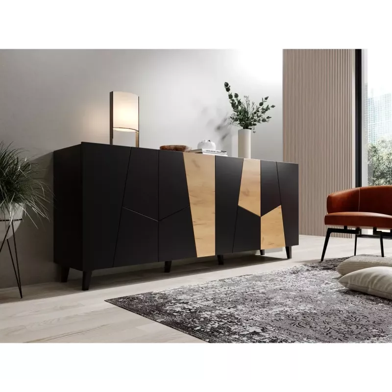Kommode cama meble ETNA 200x42x82 cm, schwarz matt mit Eiche rustikal, Spanplatte