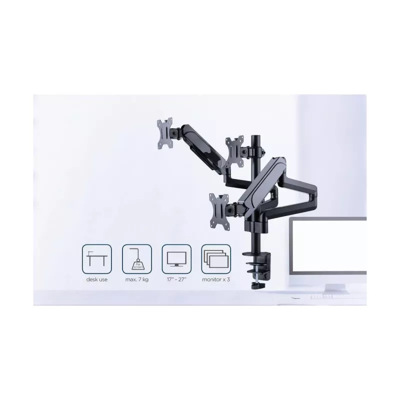 Monitorhalterung GEMBIRD MA-DA3-01 3-Arm Tischklemme/Tischdurchführung für bis zu 3×27 Zoll, VESA 75/100, Gasfeder, schwarz