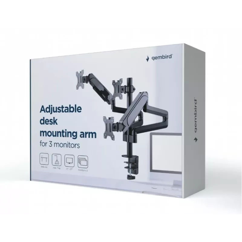 Monitorhalterung GEMBIRD MA-DA3-01 3-Arm Tischklemme/Tischdurchführung für bis zu 3×27 Zoll, VESA 75/100, Gasfeder, schwarz