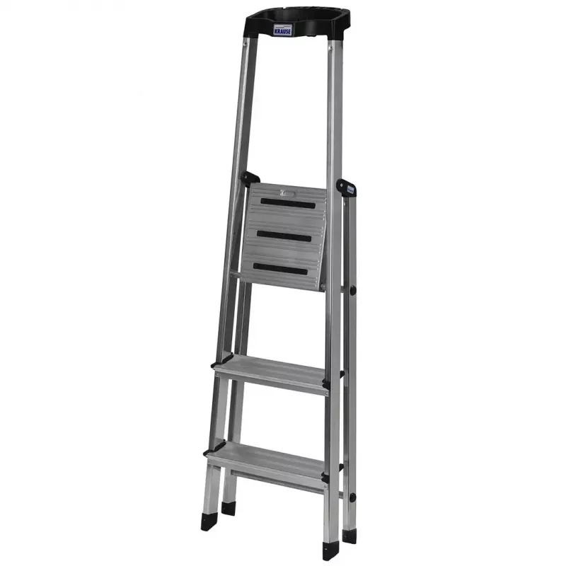 Klappleiter Krause 126313 — Aluminium-Stehleiter mit 3 Stufen, maximale Höhe 140 cm, Belastbarkeit 150 kg, rutschfeste Stufen und Füße