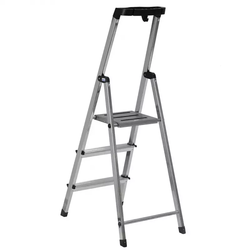 Klappleiter Krause 126313 — Aluminium-Stehleiter mit 3 Stufen, maximale Höhe 140 cm, Belastbarkeit 150 kg, rutschfeste Stufen und Füße