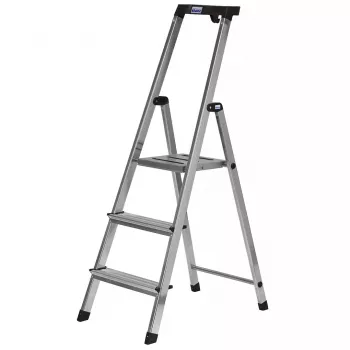 Klappleiter Krause 126313 — Aluminium-Stehleiter mit 3 Stufen, maximale Höhe 140 cm, Belastbarkeit 150 kg, rutschfeste Stufen und Füße