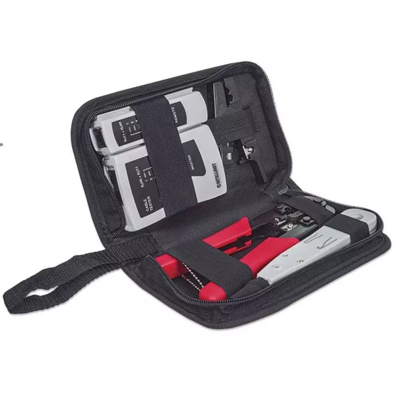 Network Tool Kit INTELLINET 4-teilig — Auflegewerkzeug, Crimpwerkzeug, Netzwerkkabeltester, schwarz