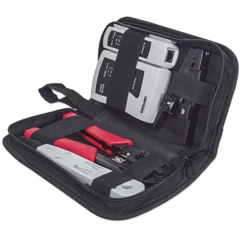 Network Tool Kit INTELLINET 4-teilig — Auflegewerkzeug, Crimpwerkzeug, Netzwerkkabeltester, schwarz
