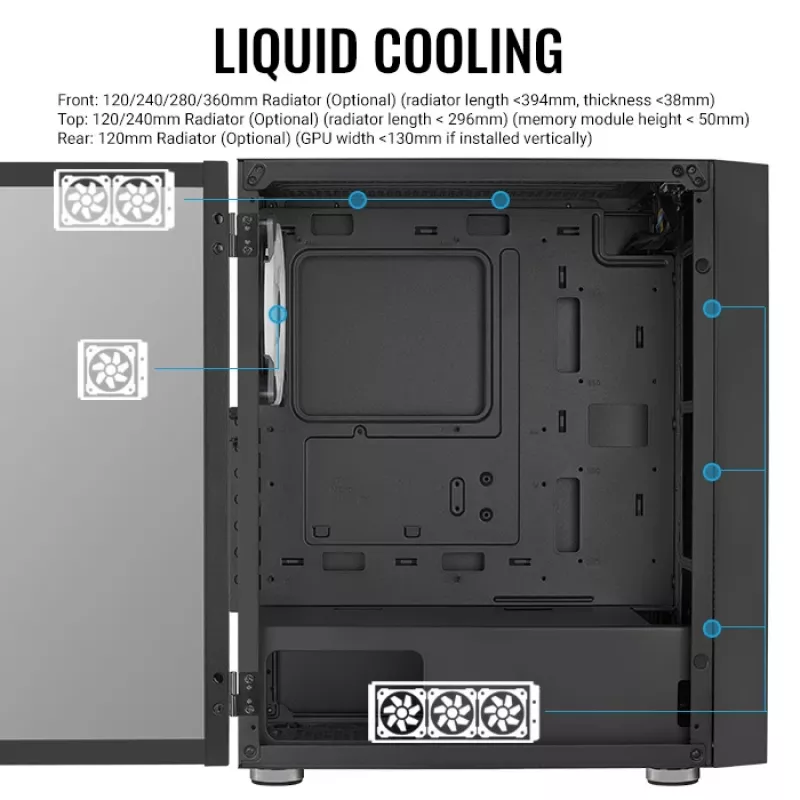 PC Midi Tower Gehäuse AEROCOOL Graphite‑G‑BK‑v2 — Schwarz, ATX/Micro‑ATX/Mini‑ITX, vorne 2×140 mm + hinten 1×140 mm