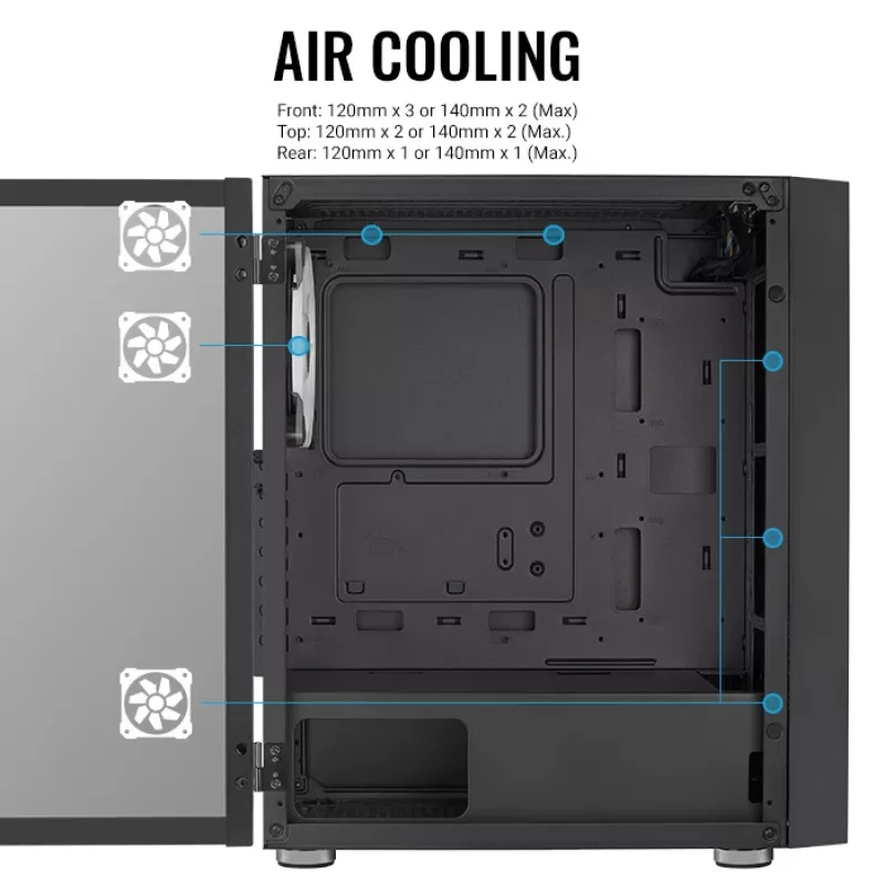 PC Midi Tower Gehäuse AEROCOOL Graphite‑G‑BK‑v2 — Schwarz, ATX/Micro‑ATX/Mini‑ITX, vorne 2×140 mm + hinten 1×140 mm