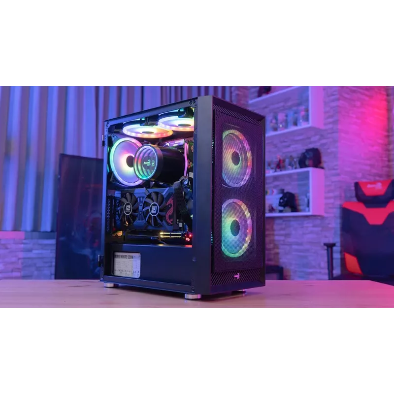 PC Midi Tower Gehäuse AEROCOOL Graphite‑G‑BK‑v2 — Schwarz, ATX/Micro‑ATX/Mini‑ITX, vorne 2×140 mm + hinten 1×140 mm