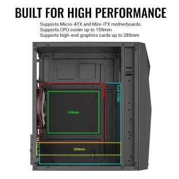 PC-Gehäuse AEROCOOL Raider Mini G V3 Mini-ITX / microATX, schwarz, Seitenfenster, grüne LED, max. GPU 285 mm, CPU-Kühler 159 mm