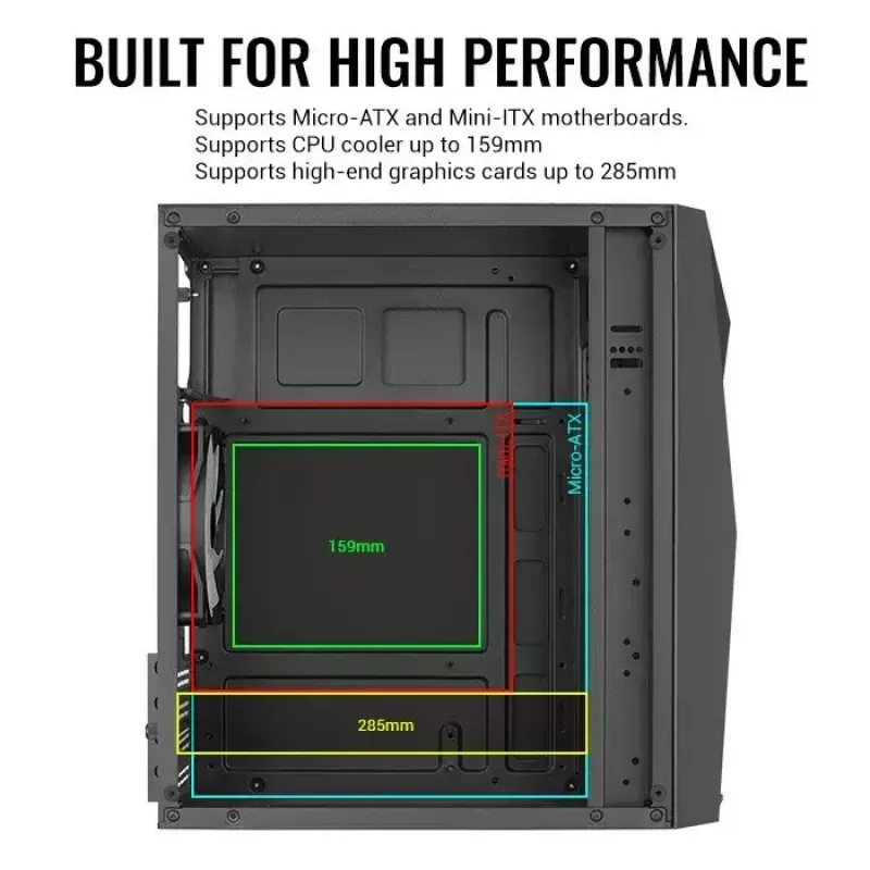 PC-Gehäuse AEROCOOL Raider Mini G V3 Mini-ITX / microATX, schwarz, Seitenfenster, grüne LED, max. GPU 285 mm, CPU-Kühler 159 mm