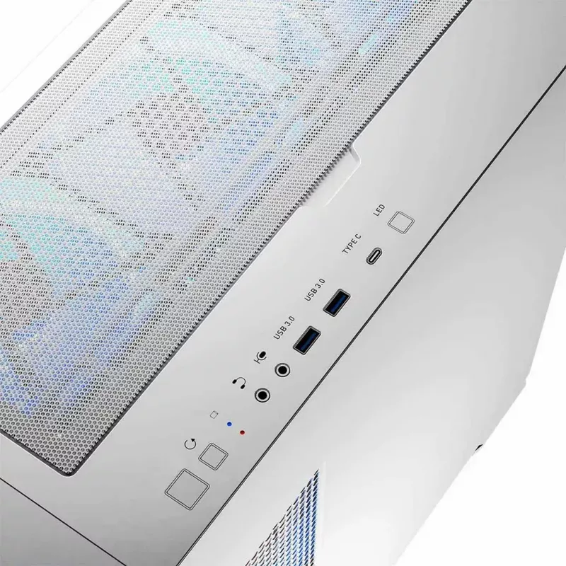 PC-Gehäuse MODECOM HORIZON FLOW MIDI Weiss — Midi-Tower, ARGB, gehärtetes Glas, micro ATX, USB-C, 3x140mm vorne, 1x140mm hinten, GPU bis 400 mm, CPU-Kühlerhöhe 172 mm