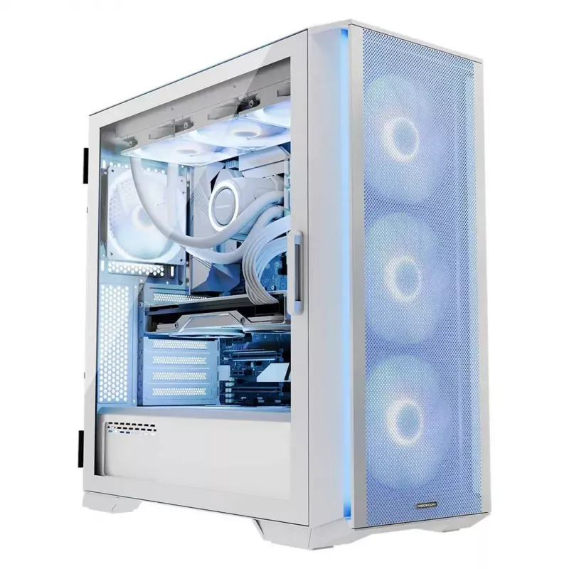 PC-Gehäuse MODECOM HORIZON FLOW MIDI Weiss — Midi-Tower, ARGB, gehärtetes Glas, micro ATX, USB-C, 3x140mm vorne, 1x140mm hinten, GPU bis 400 mm, CPU-Kühlerhöhe 172 mm