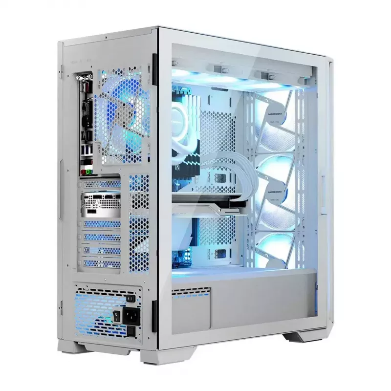 PC-Gehäuse MODECOM HORIZON FLOW MIDI Weiss — Midi-Tower, ARGB, gehärtetes Glas, micro ATX, USB-C, 3x140mm vorne, 1x140mm hinten, GPU bis 400 mm, CPU-Kühlerhöhe 172 mm