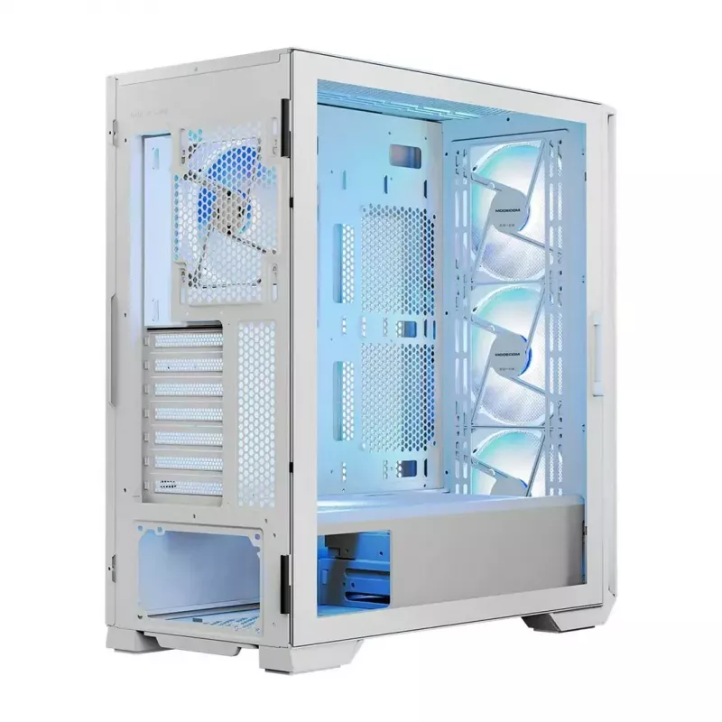 PC-Gehäuse MODECOM HORIZON FLOW MIDI Weiss — Midi-Tower, ARGB, gehärtetes Glas, micro ATX, USB-C, 3x140mm vorne, 1x140mm hinten, GPU bis 400 mm, CPU-Kühlerhöhe 172 mm