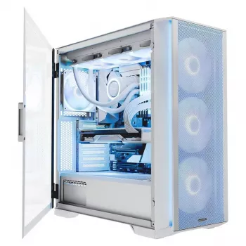 PC-Gehäuse MODECOM HORIZON FLOW MIDI Weiss — Midi-Tower, ARGB, gehärtetes Glas, micro ATX, USB-C, 3x140mm vorne, 1x140mm hinten, GPU bis 400 mm, CPU-Kühlerhöhe 172 mm