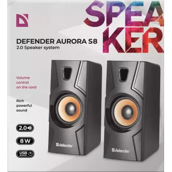 Kabelgebundener Desktop-Lautsprecher DEFENDER Aurora S8 — 2.0, 8 W RMS, USB-Stromversorgung, 3,5 mm, schwarz