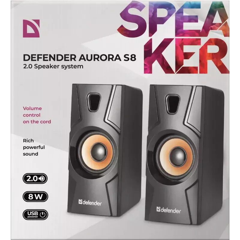 Kabelgebundener Desktop-Lautsprecher DEFENDER Aurora S8 — 2.0, 8 W RMS, USB-Stromversorgung, 3,5 mm, schwarz