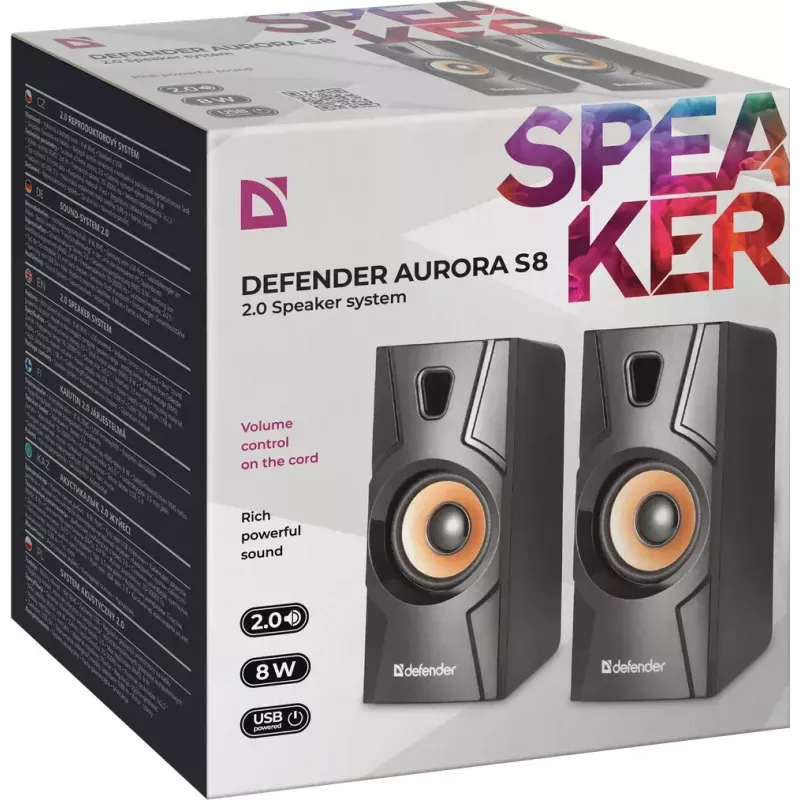 Kabelgebundener Desktop-Lautsprecher DEFENDER Aurora S8 — 2.0, 8 W RMS, USB-Stromversorgung, 3,5 mm, schwarz