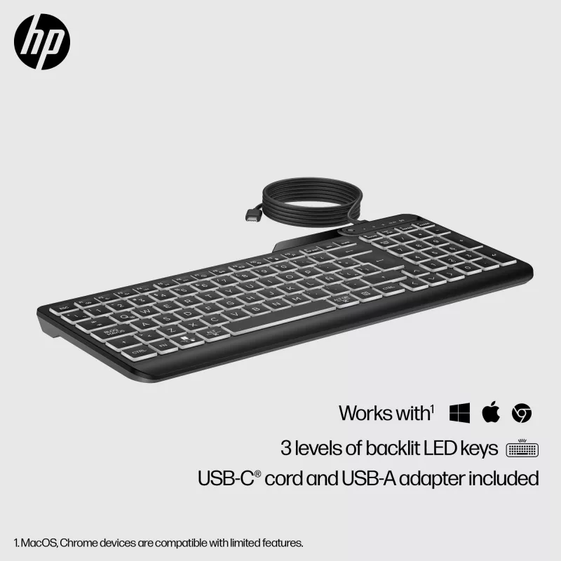 HP 400 Hintergrundbeleuchtete kabelgebundene Tastatur, Full-Size (100%), Kabel, USB, Mechanisch, QWERTY, Schwarz