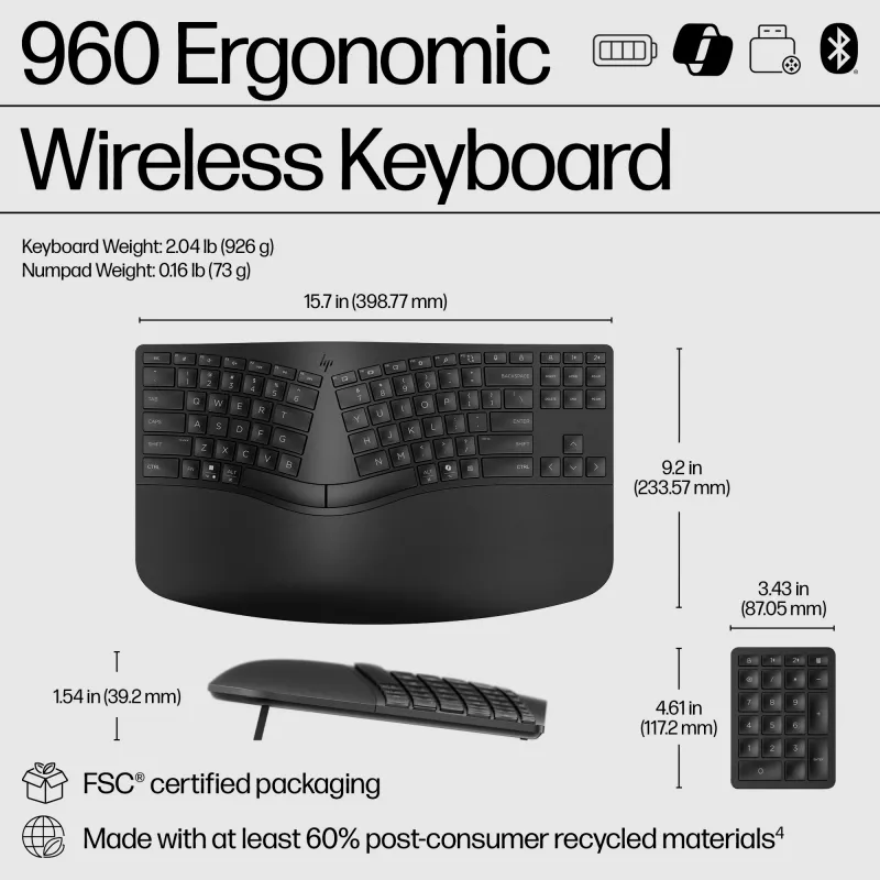 HP 960 Ergonomische kabellose Tastatur, Vollformat (100%), Kabellos, RF Wireless + Bluetooth, Membrane, QWERTZ, Schwarz