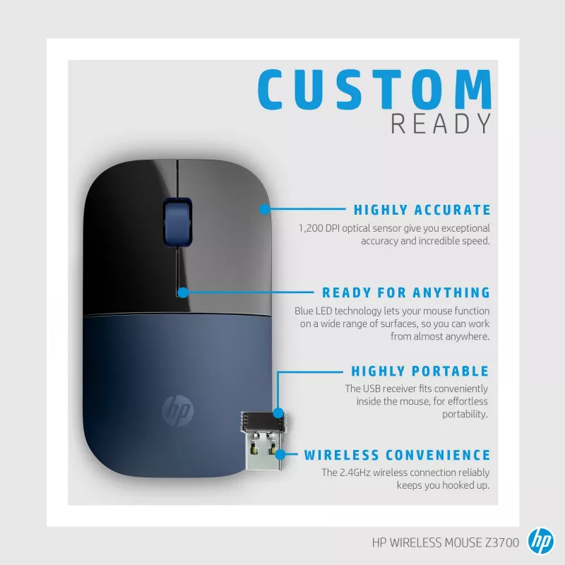 HP Wireless Maus Z3700, beidhändig, Blue LED, RF Wireless, 1200 DPI, Schwarz, Blau