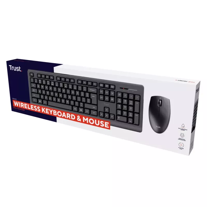 Kabelloses Tastatur- und Maus-Set TRUST Primo — Full-Size QWERTY US-Englisch Tastatur, RF USB-A-Empfänger, 1200 DPI optische Maus, Schwarz