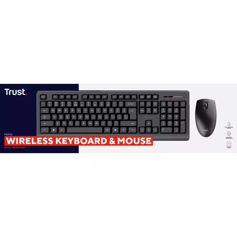 Kabelloses Tastatur- und Maus-Set TRUST Primo — Full-Size QWERTY US-Englisch Tastatur, RF USB-A-Empfänger, 1200 DPI optische Maus, Schwarz